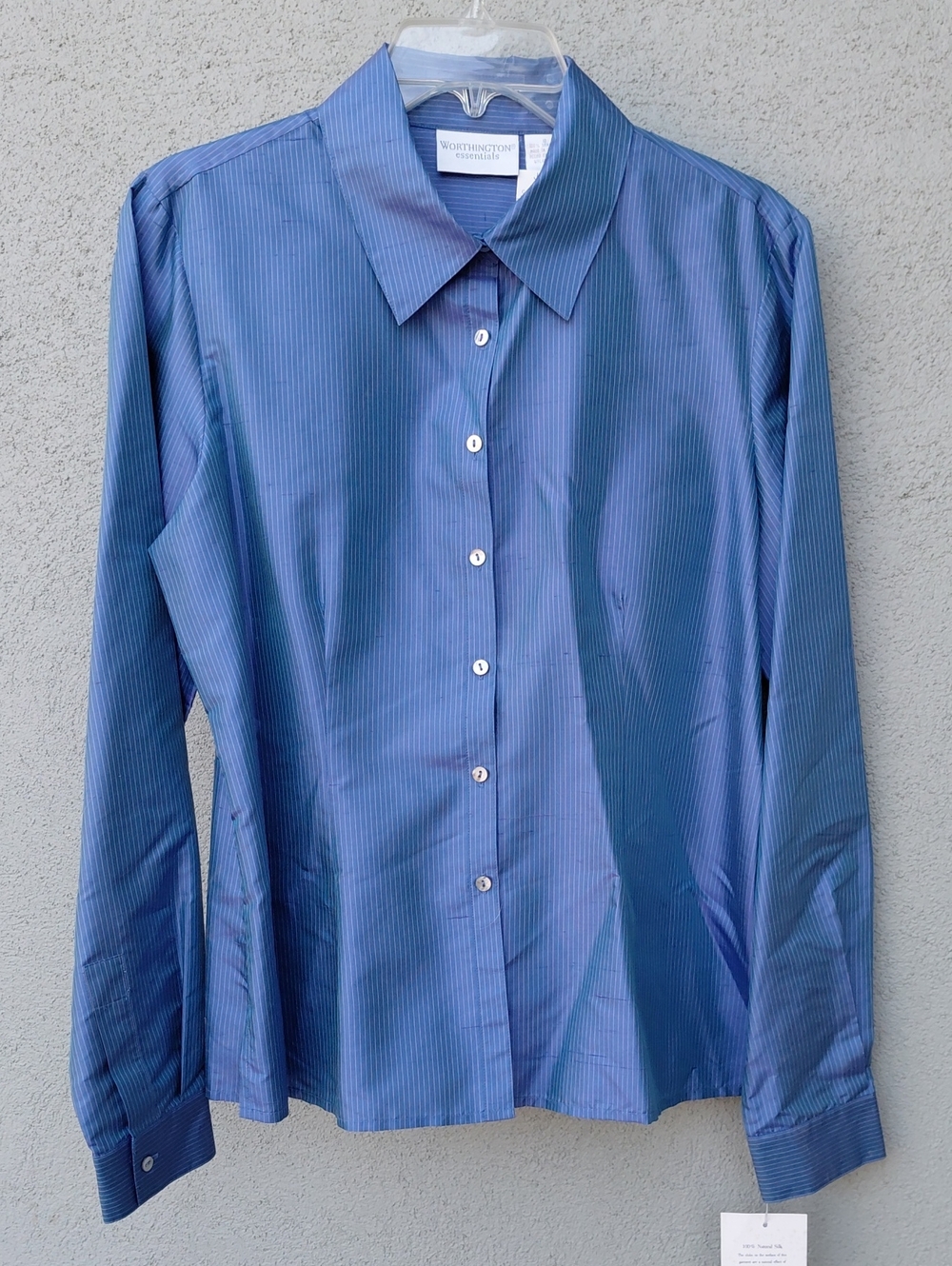 Worthington Essentials Blue Pinstripe Silk Shantung Blouse Women's 10